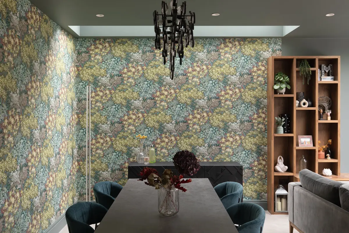 Dining area with green botanical wallpaper and oak display shelves, Muswell Hill